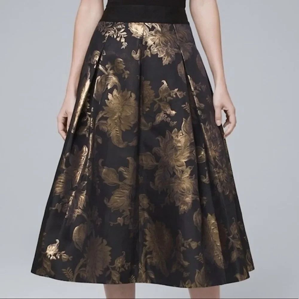 WHBM Black and Gold Floral Jacquard Full Pleated Midi Skirt